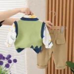 Boys’ Suit Cute Long Sleeve Shirt Boys’ Sweater Three-piece Set - Image 2