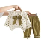 Baby Girls 2-Piece Outfit Stylish Polka Dot Bow Blouse Comfort Pant - Image 3