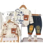 Boys’ Suit Tie-dyed Letter Sweat Ripped Jeans Fashion