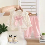 Baby Girls 2-Piece Outfit Stylish Polka Dot Bow Blouse Comfort Pant - Image 2